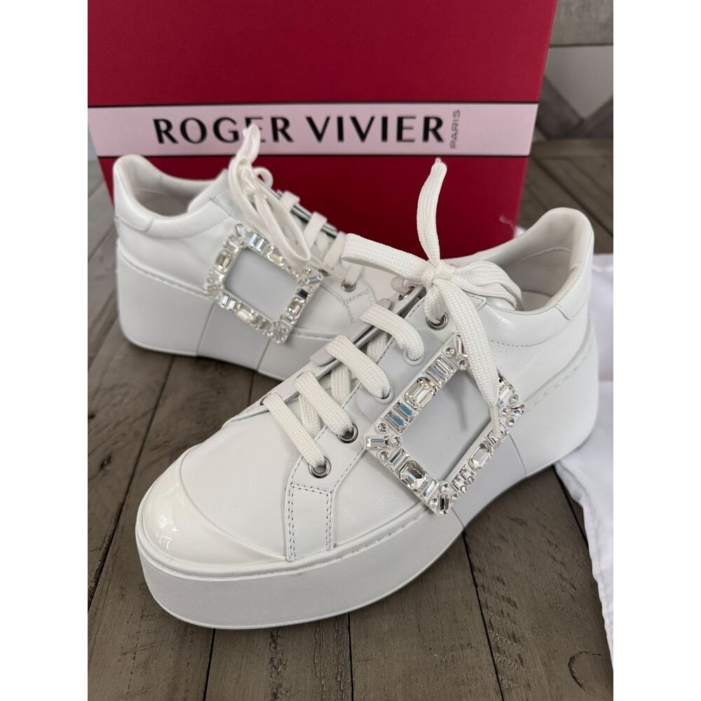 Roger Vivier White Platform Sneakers with Crystal Buckles